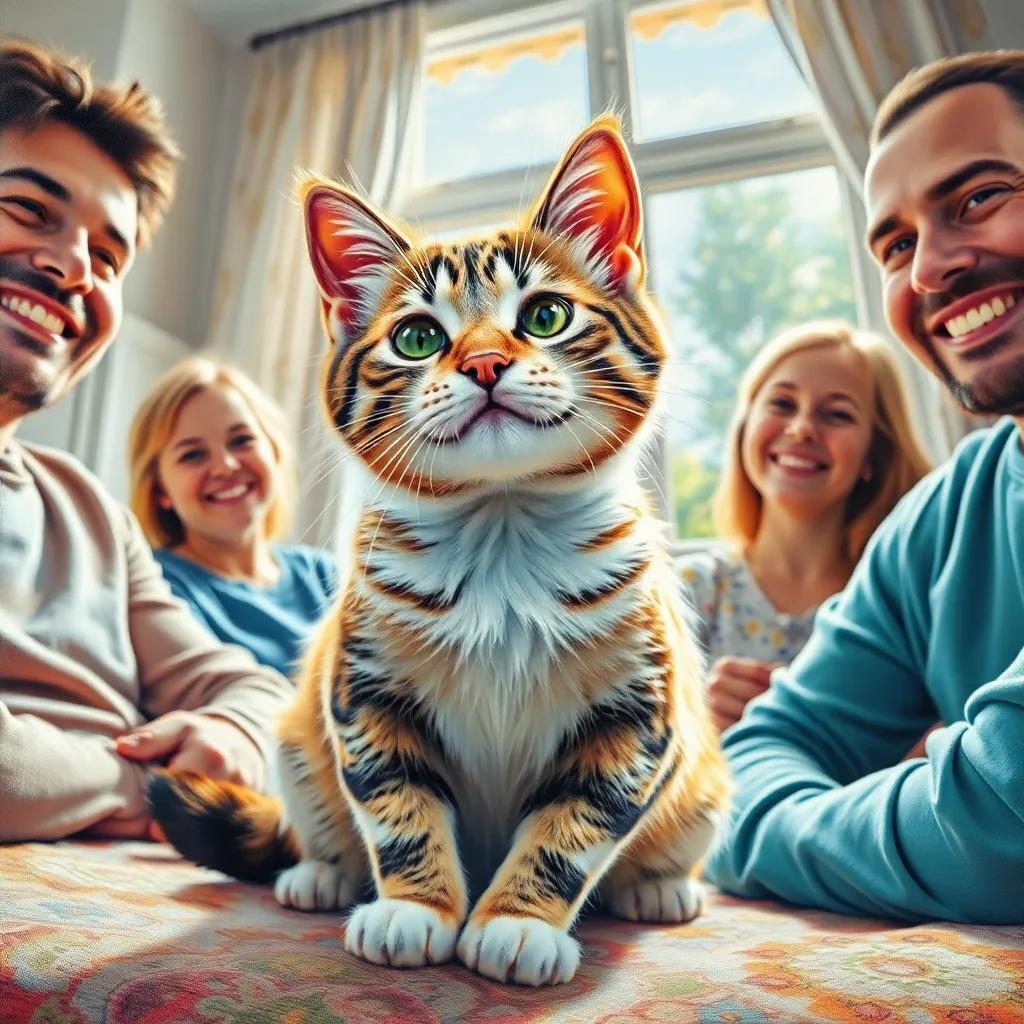 Whiskers, a changed cat, playing contentedly with her human friends in a sunny home, enjoying the joys of family life, smiling faces, bright and colorful ambiance