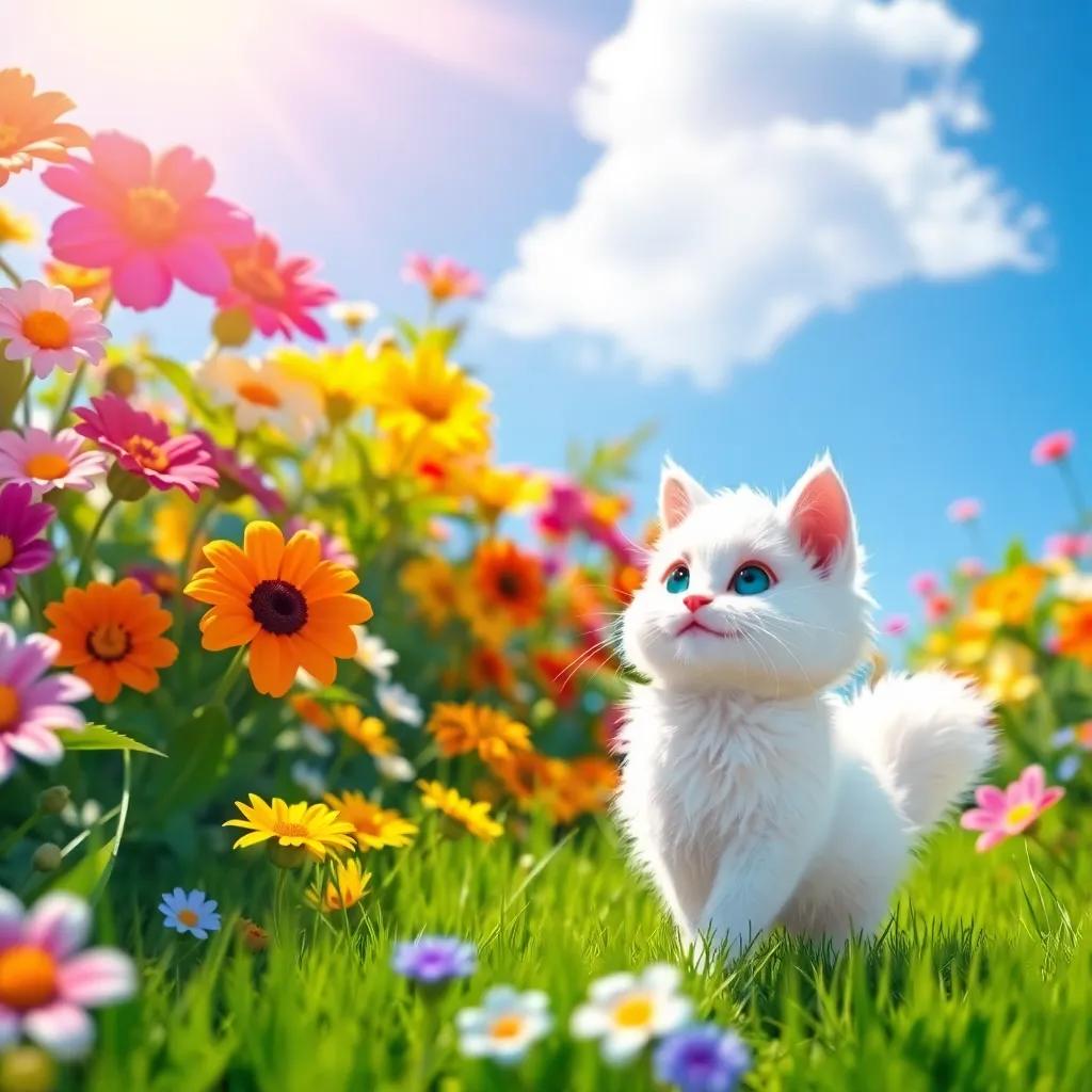 A fluffy white cat, Max, exploring a sunny garden filled with colorful flowers, bright sunlight and a blue sky, digital art, vibrant colors, cheerful atmosphere, high quality