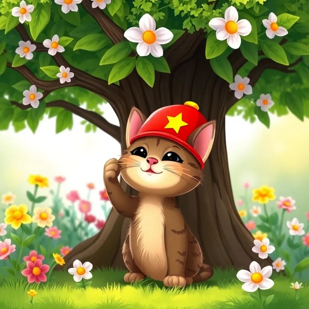 Max the cat finding a funny bright red cap with a yellow star under a big green tree, surrounded by blooming flowers, cheerful illustration, lively colors, child-friendly, high quality