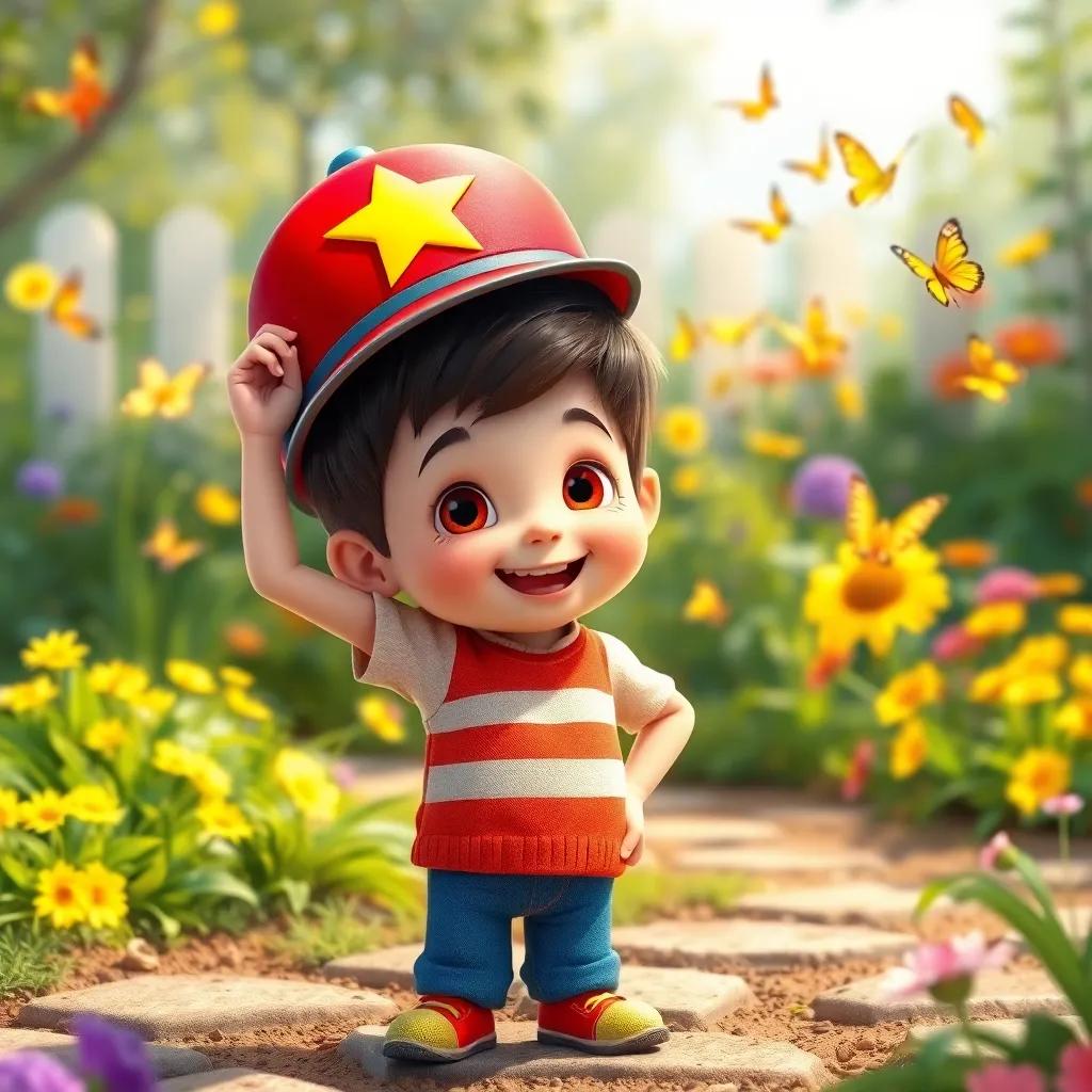 Max putting a bright red cap with a yellow star on his head, strutting proudly in the garden, butterflies fluttering around him, joyful scene, vivid colors, playful atmosphere, high quality