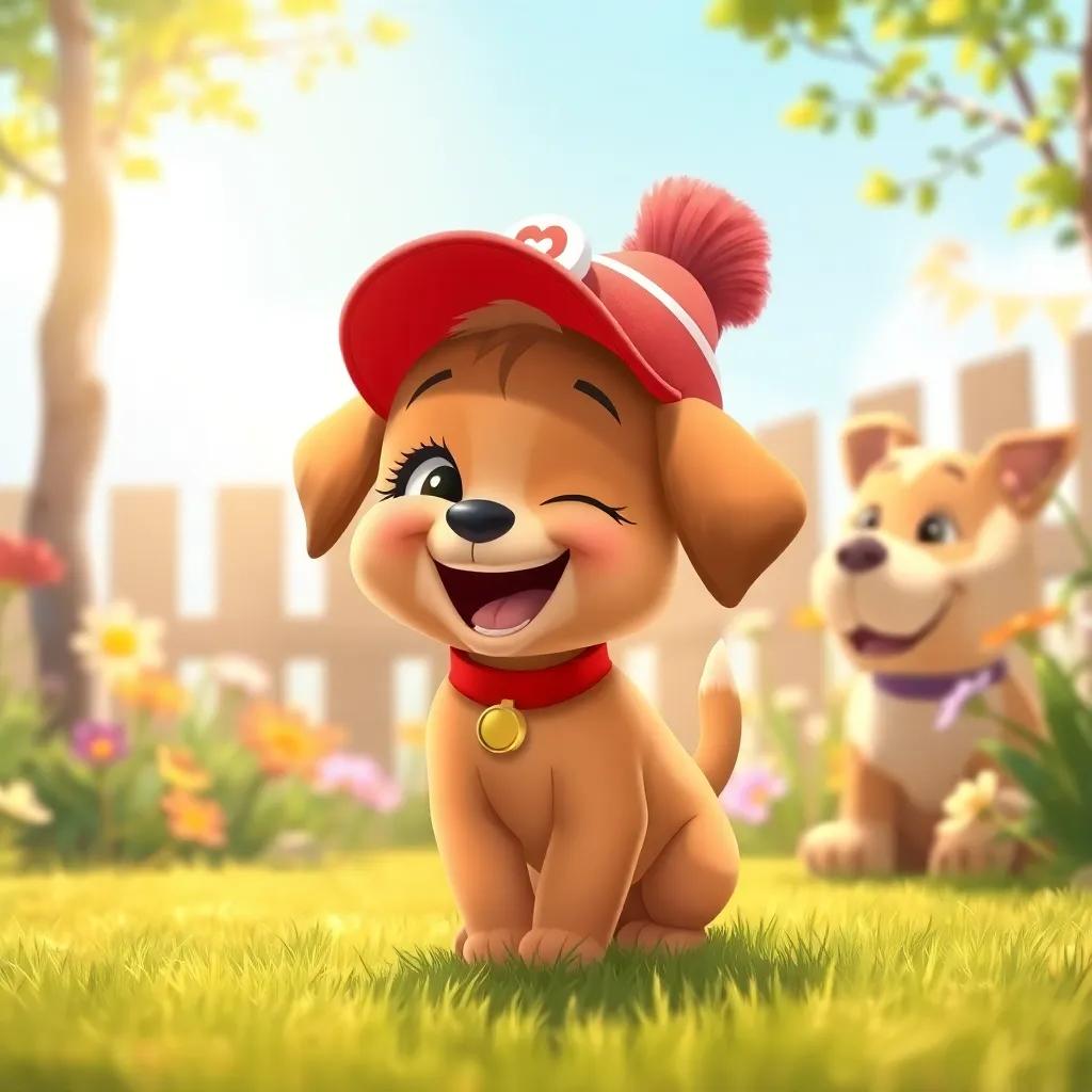 Bella the little brown puppy laughing and wearing the bright red cap, looking like a puppy princess, playing in the sunny garden with Max, happy scene, warm colors, charming illustration, high quality