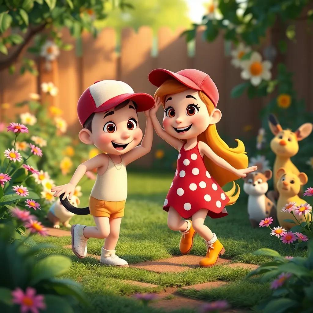 Max and Bella dancing and playing in the garden, wearing the cap together, flowers swaying in the breeze, cheerful animals watching them, colorful and lively, inviting atmosphere, high quality