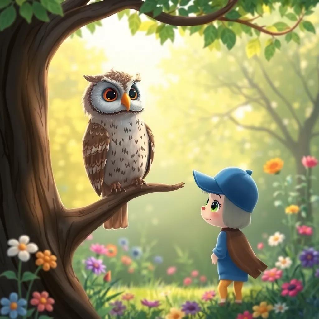 Oliver the wise old owl hooting from a tree branch, watching Max and Bella with the cap, surrounded by a colorful garden, whimsical illustration, soft light, charming scene, high quality