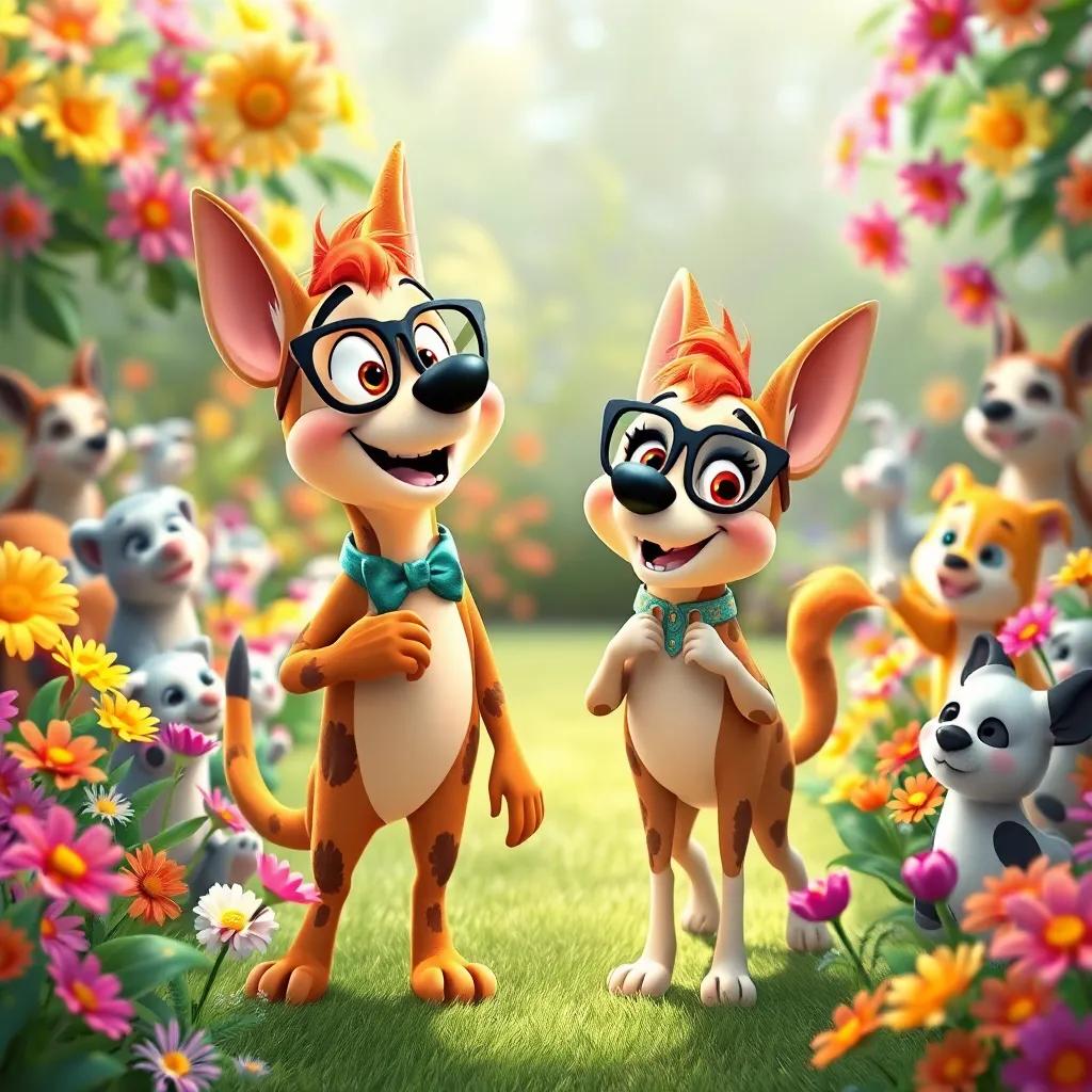 Max and Bella having a fun fashion show in the garden, showing off their silly looks, all animals cheering, vibrant flowers surrounding them, playful and laughter-filled scene, high quality