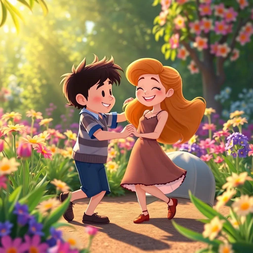 The flowers swaying as Max and Bella dance together, with the cap beside them, warm sunny afternoon, happy garden atmosphere, colorful illustration, enchanting and lively, high quality