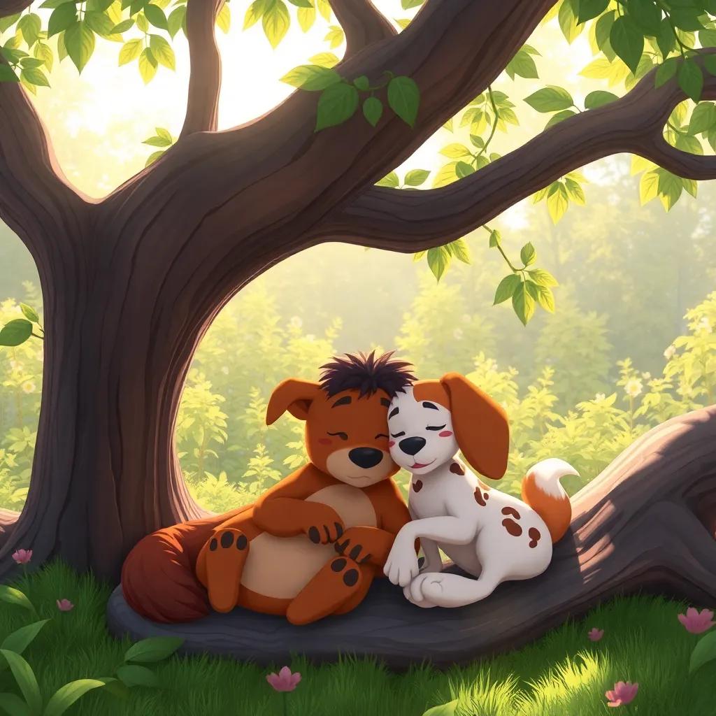 Max and Bella snuggled under the tree, dreaming of their next adventure, soft sunlight filtering through the leaves, peaceful garden setting, comforting and cheerful, charming illustration, high quality