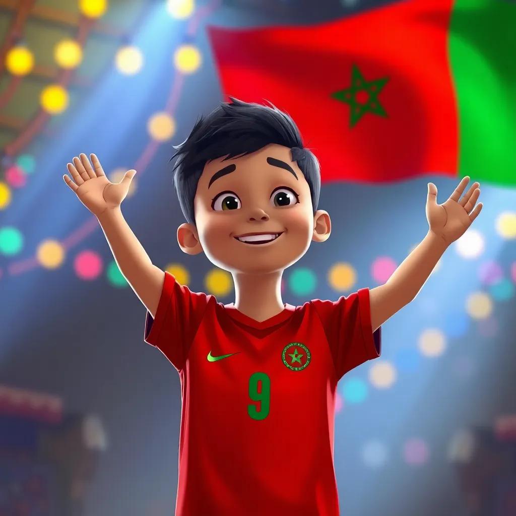 T.HOSSIN, a young boy in a red jersey, standing tall with arms raised in celebration, surrounded by colorful lights and a waving Moroccan flag, illustration, joyful, festive, child-friendly