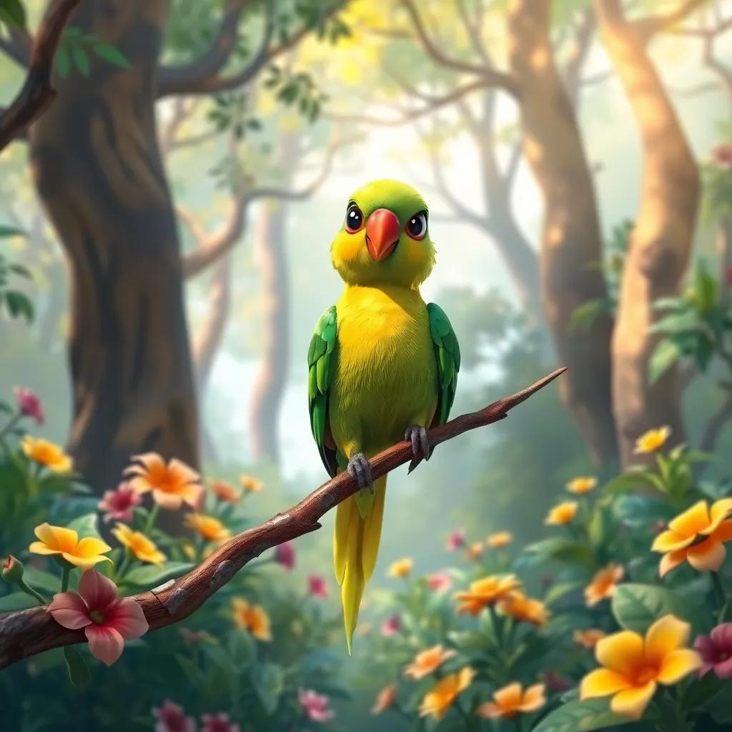 A bright green and yellow parrot named Polly perched on a branch in a lush forest, surrounded by trees and colorful flowers, detailed digital art, vibrant colors, cheerful atmosphere, high quality