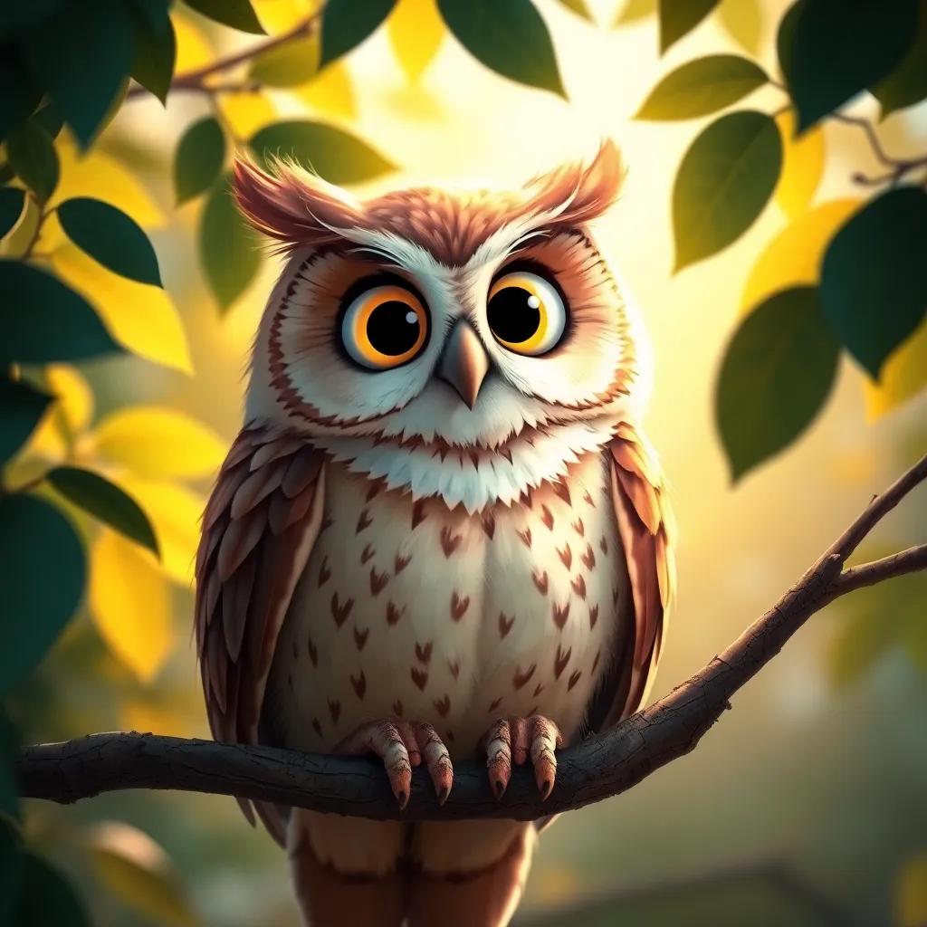 A wise old owl with big eyes and soft feathers, sitting on a branch, smiling at Polly, with morning sunlight filtering through leaves, serene, warm tones, friendly vibe, high quality