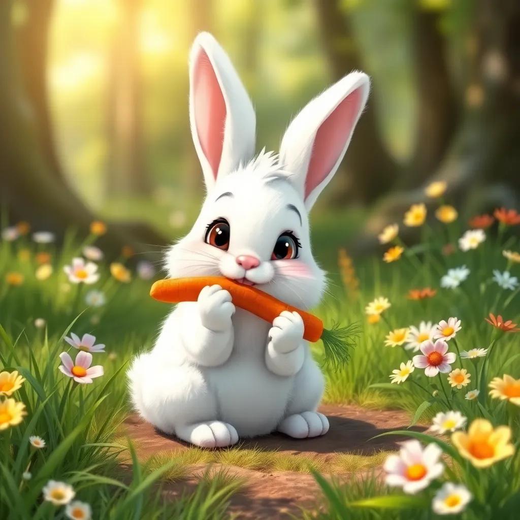 A cute bunny named Benny with fluffy white fur, sitting on the forest floor munching a carrot, surrounded by green grass and bright flowers, adorable, sunny day, peaceful scene, high quality