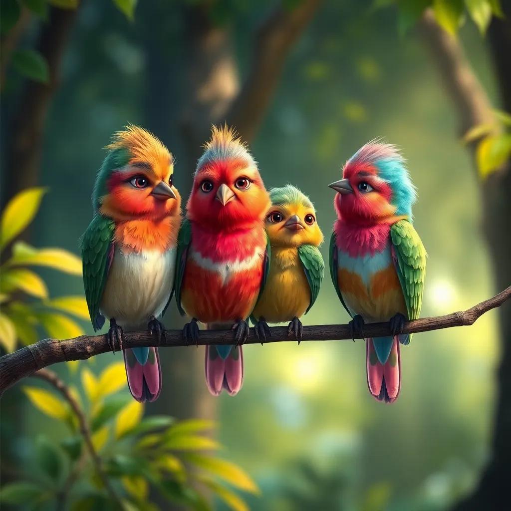 A group of small birds gossiping on a branch, with a worried expression, colorful feathers, in a beautiful forest setting, detailed, vibrant colors, lively atmosphere, high quality