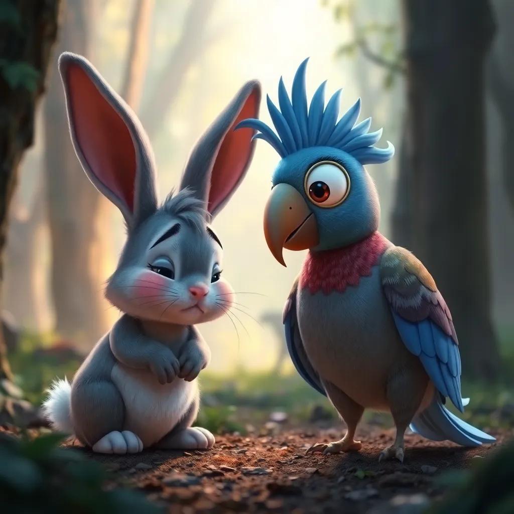 A sad bunny with droopy ears named Benny looking down, as Polly the parrot apologizes to him in the forest, heartfelt moment, warm light, soft colors, touching interaction, high quality