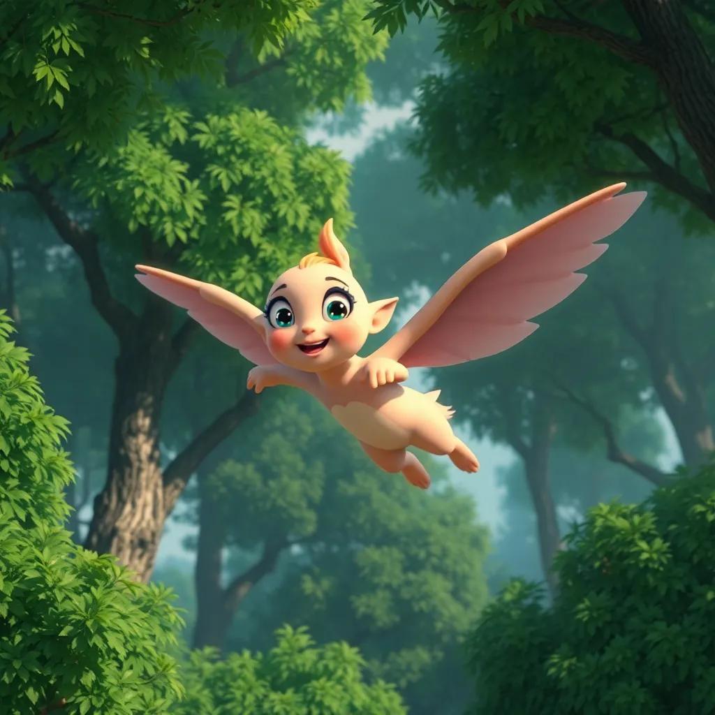 Polly flying through the trees, her wings outstretched, with her heart racing while searching for Benny, lush green trees around her, animated, hopeful atmosphere, high quality