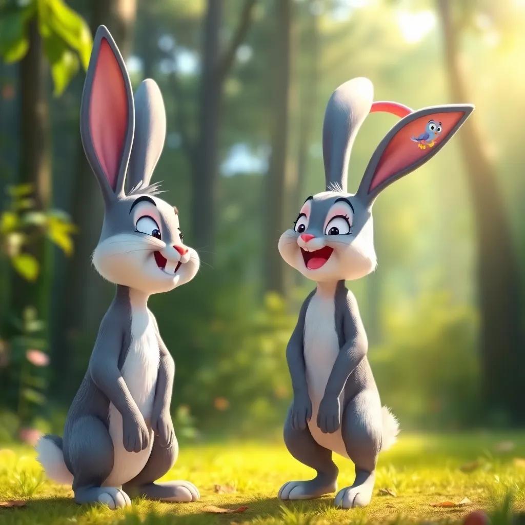 Benny the Bunny smiling up at Polly, as she lands beside him, bright, friendly forest background, glowing sunlight highlighting their interaction, engaging scene, high quality