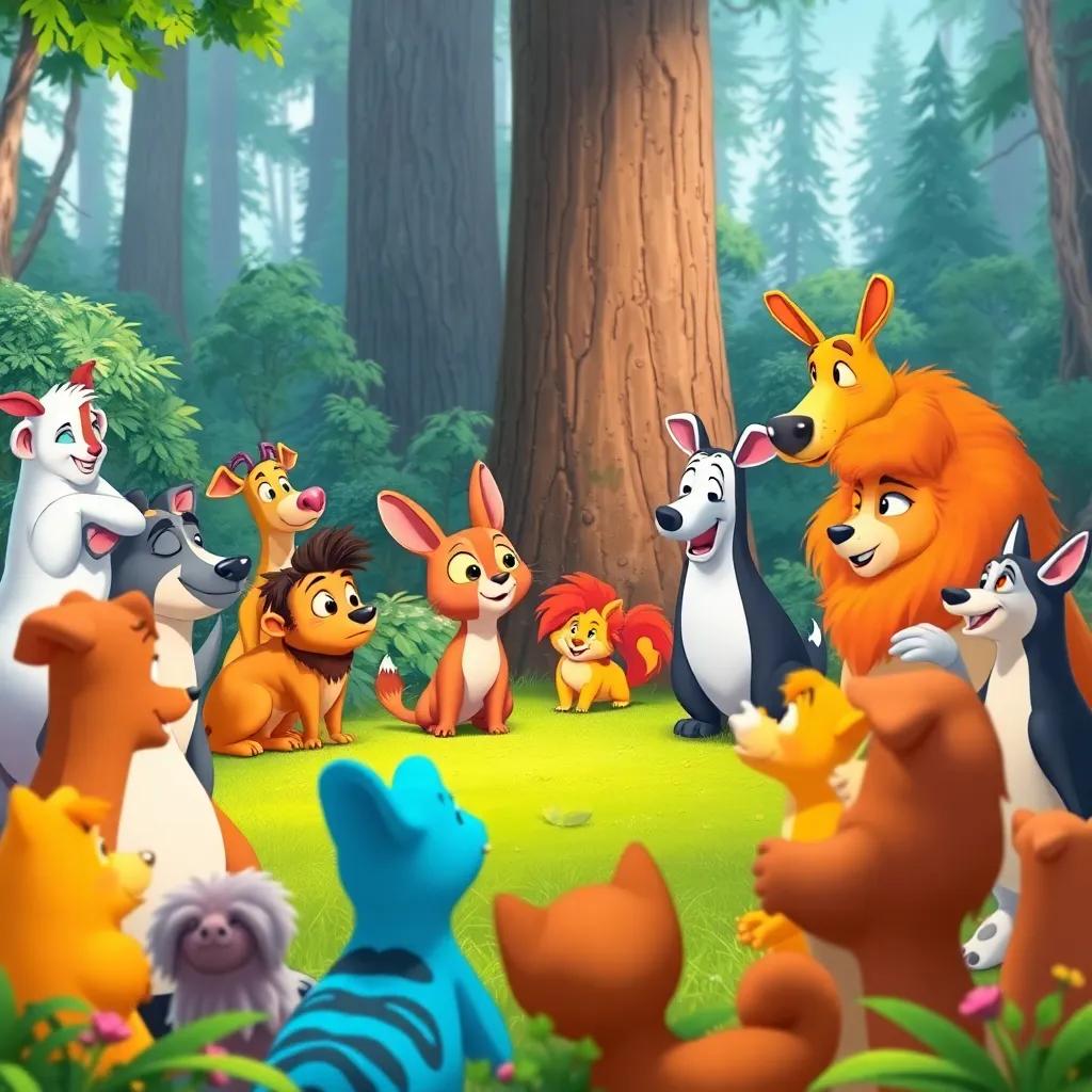 A gathering of assorted animals in the forest, with Polly explaining her mistake to everyone, showing varied expressions of understanding, colorful and vibrant scene, high quality