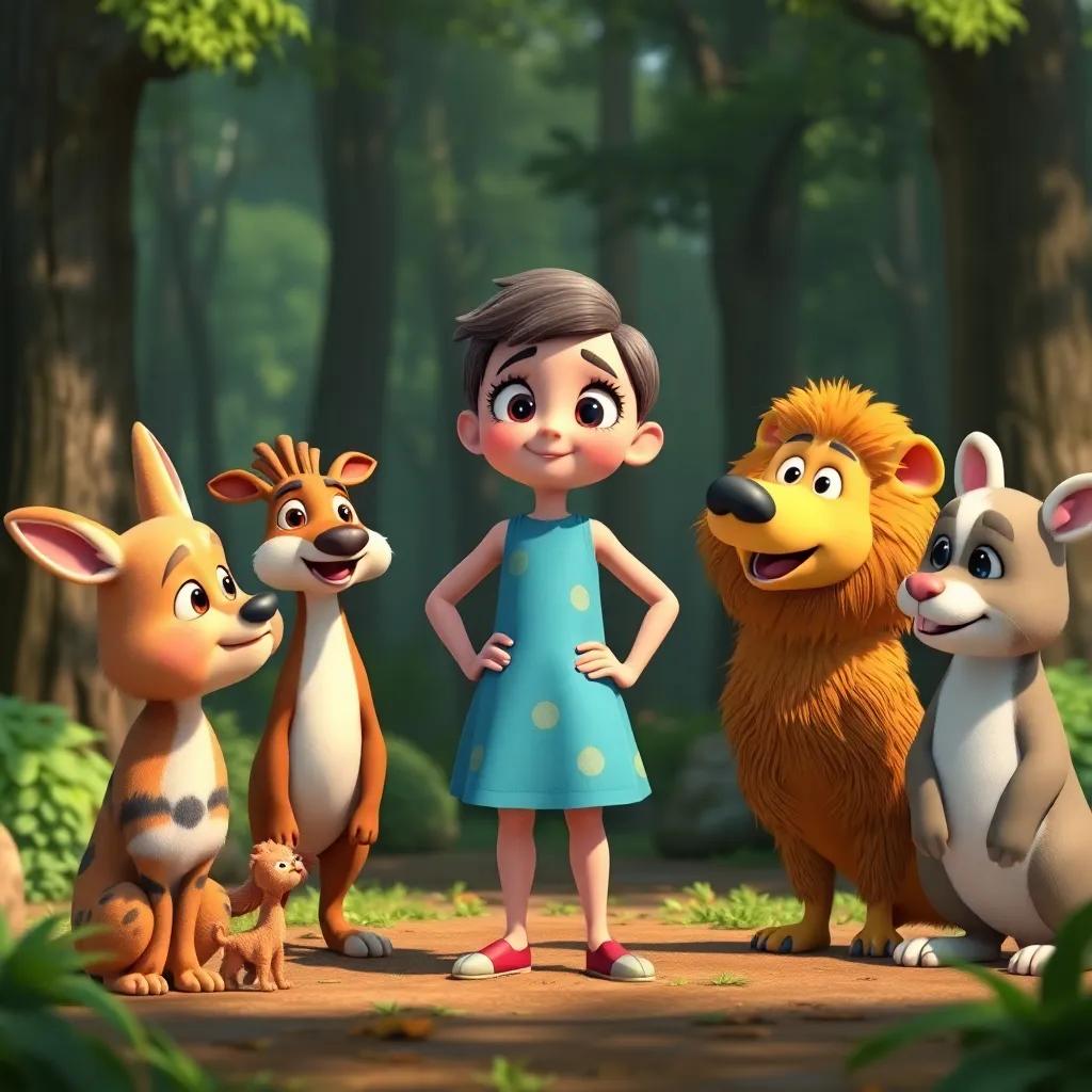 Polly standing tall in front of her animal friends, confidently clarifying her mistake, forest backdrop, depicted with kindness and clarity, inviting colors, high quality