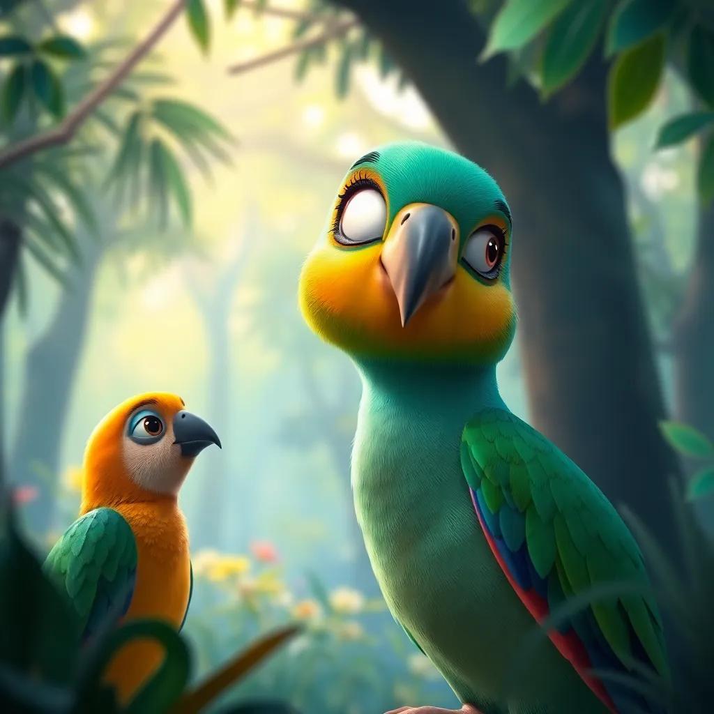 Polly the parrot, with a thoughtful expression, listening attentively to her friends, in a serene forest setting with vibrant colors, peaceful moment, high quality