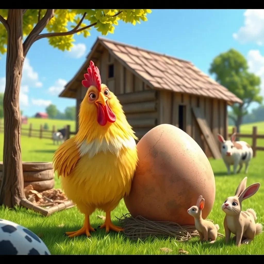 A small, picturesque farm with green fields and a big coop, featuring a proud chicken named Coco, with fluffy yellow feathers, standing next to a huge, fossil-like egg. The scene is bright and colorful with other curious animals like a cow and a rabbit gathering around, sunny day, cheerful atmosphere, digital art, high quality