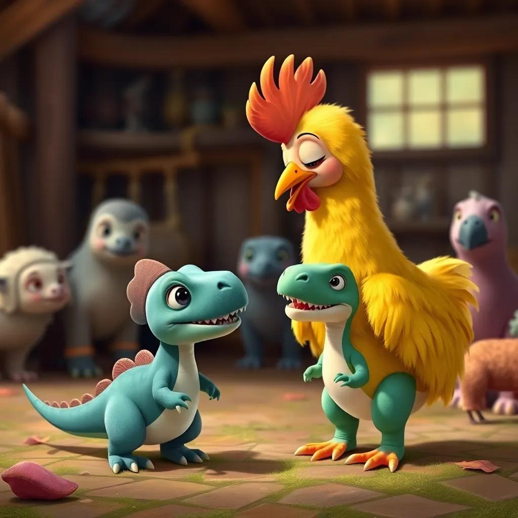 Coco, a proud chicken with fluffy yellow feathers, looking down lovingly at a small dinosaur named Dino, who has friendly eyes, fangs, and a long tail. They are in a cozy farmyard with animals playing and enjoying their time, vibrant colors, heartwarming scene, digital painting, high quality