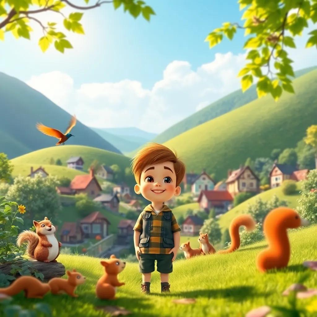 A bright and sunny village with green hills, featuring a young boy named Sam standing in the woods, smiling at colorful birds and playful squirrels, digital art, vibrant colors, cheerful atmosphere, high quality