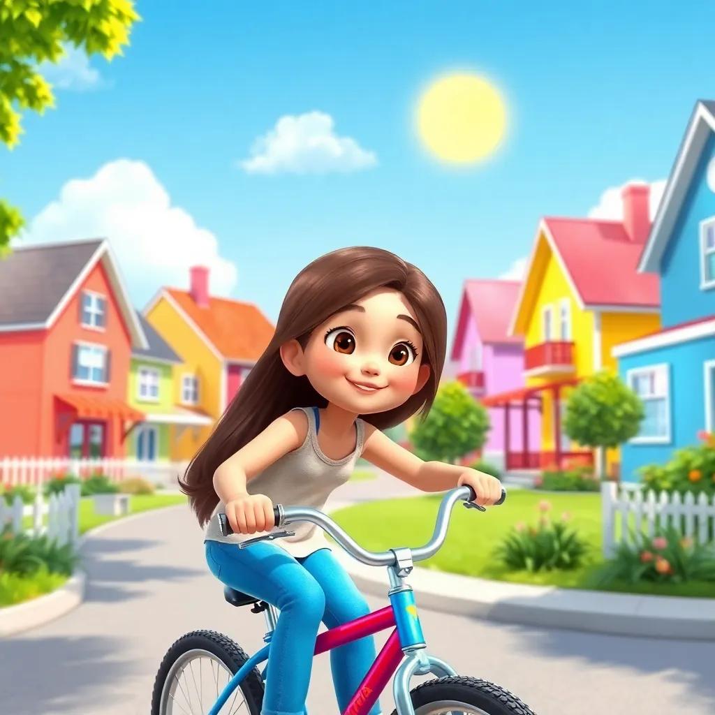 A sunny neighborhood with Mia, a 7-year-old girl with long brown hair, riding her bike, colorful houses in the background, bright blue sky, cheerful atmosphere, digital art, vibrant colors, playful scene