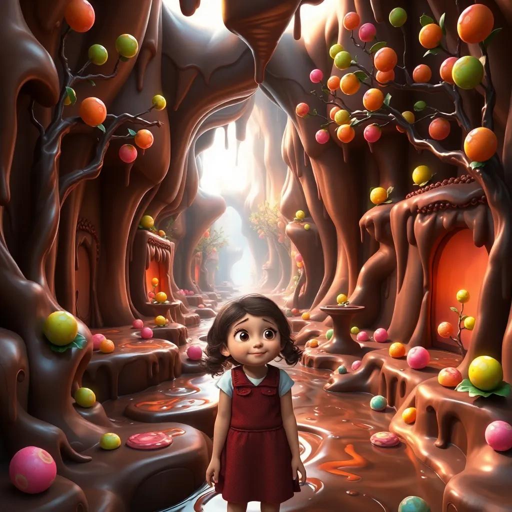 Inside a magical chocolate factory with walls made of chocolate and rivers of chocolate flowing, candy trees with gummy fruits, a young girl, Mia, looking amazed, rich textures, fantasy setting, high quality, detailed