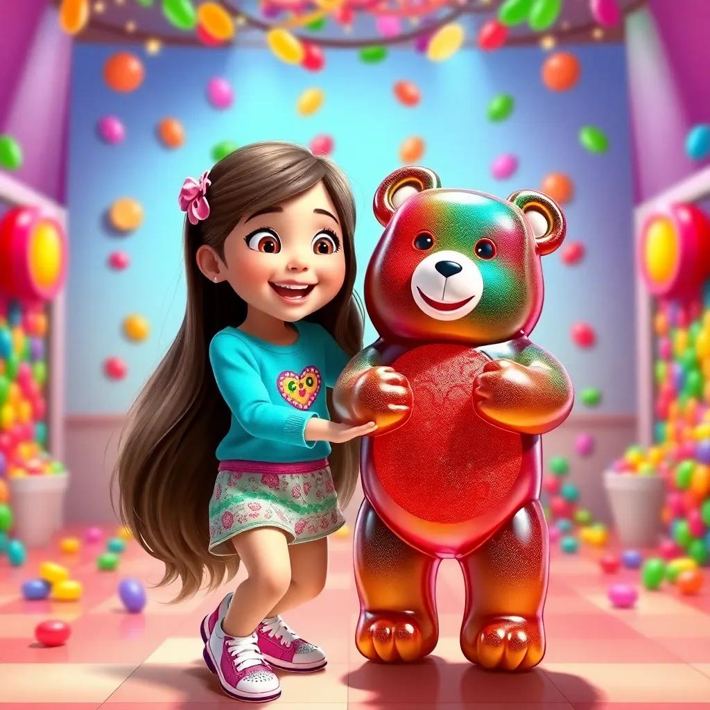 Mia, a 7-year-old girl with long brown hair, dancing with a gummy bear named Benny, colorful candy disco room, rainbow jellybeans bouncing, lively atmosphere, joyful expressions, digital art, vivid colors