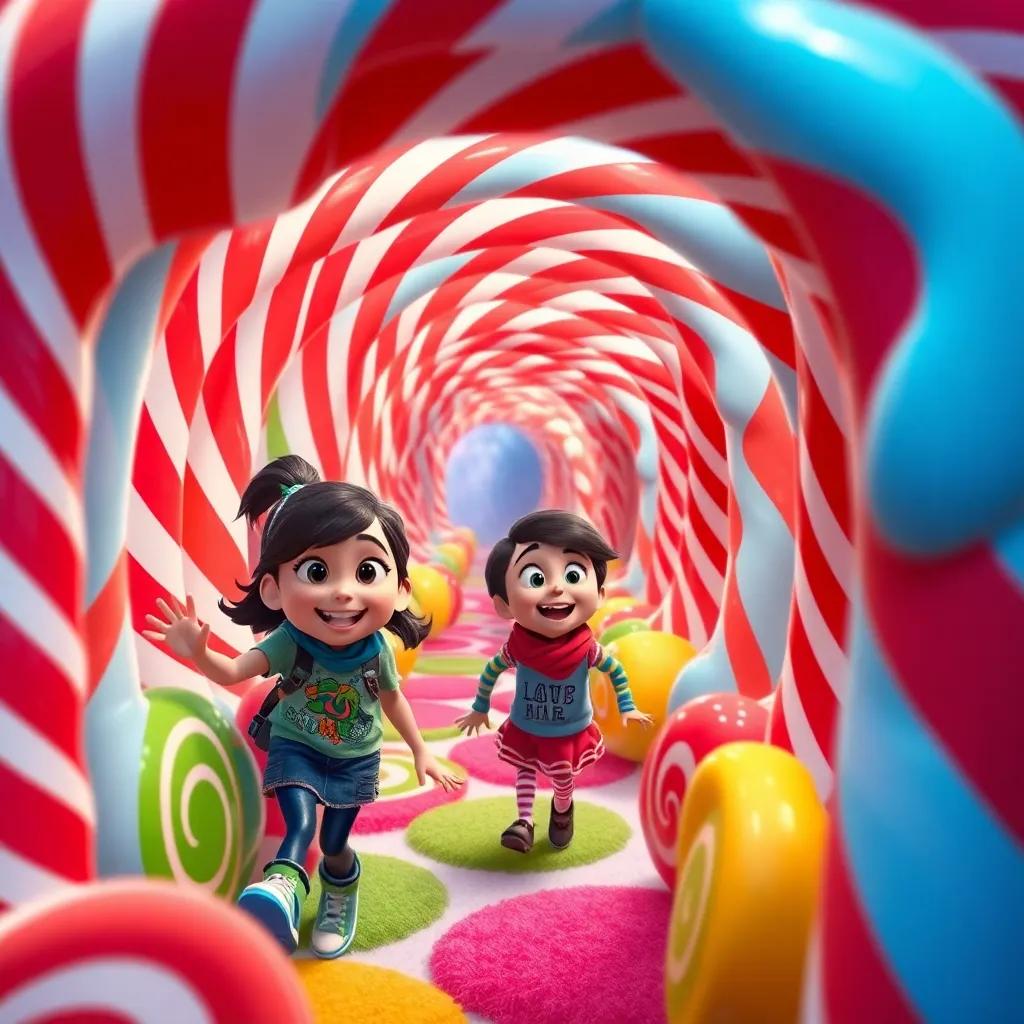 A colorful candy maze with licorice tunnels and candy cane arches, Mia and Benny excitedly exploring the maze, sweet smells wafting through the air, vibrant and inviting scene, high quality, adventurous spirit