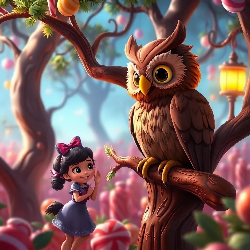 A wise old chocolate owl perched on a candy tree, talking to Mia and Benny in the maze, whimsical and magical ambiance, detailed character expression, enchanting scene, digital painting, rich colors