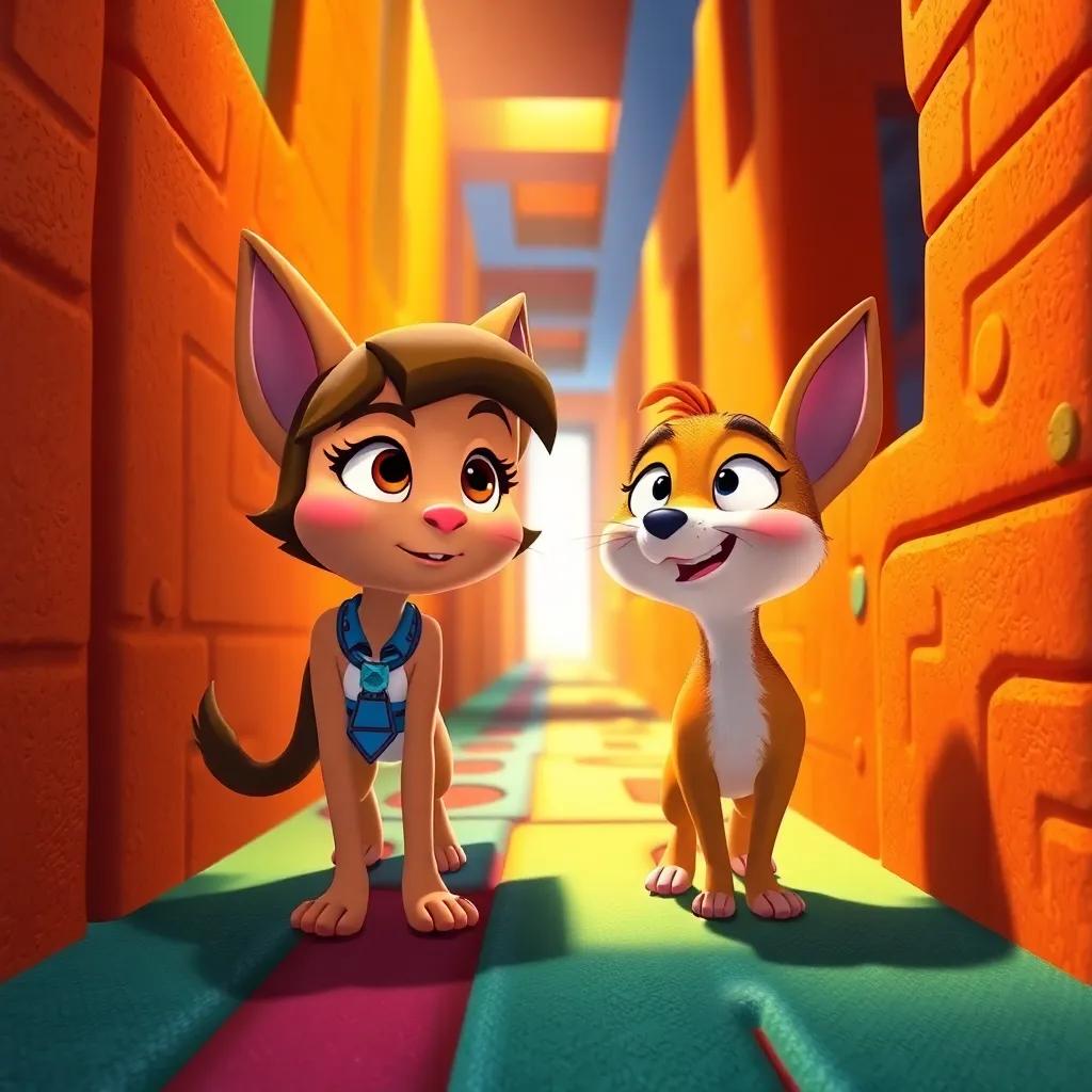 Mia and Benny sniffing the air, following the scent of caramel deeper into the maze, colorful paths surrounding them, determined expressions, warm sunlight shining, engaging view, high quality, playful mood