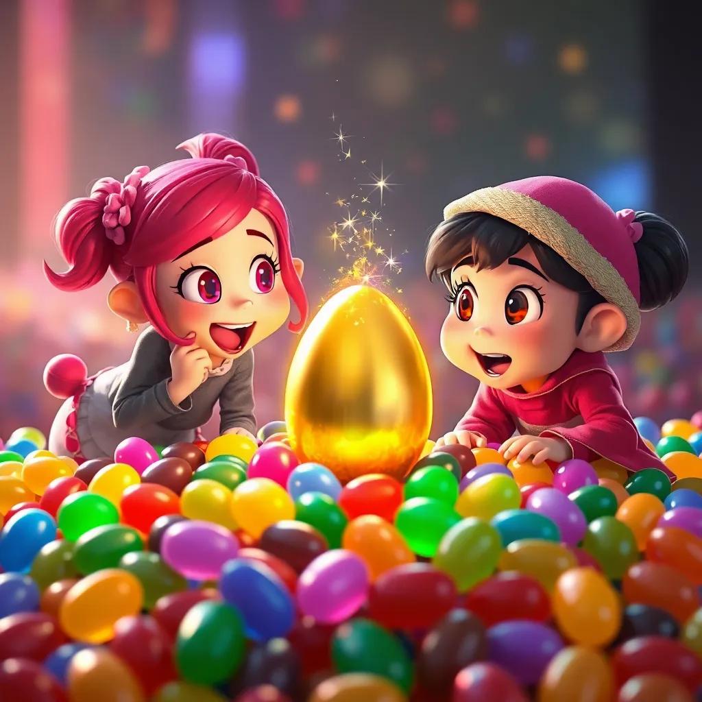 Mia and Benny spotting the shiny Golden Chocolate Egg on a pile of jellybeans, excited atmosphere, magical sparkles in the air, vibrant colors, enchanting moment, detailed artwork, lively and rich