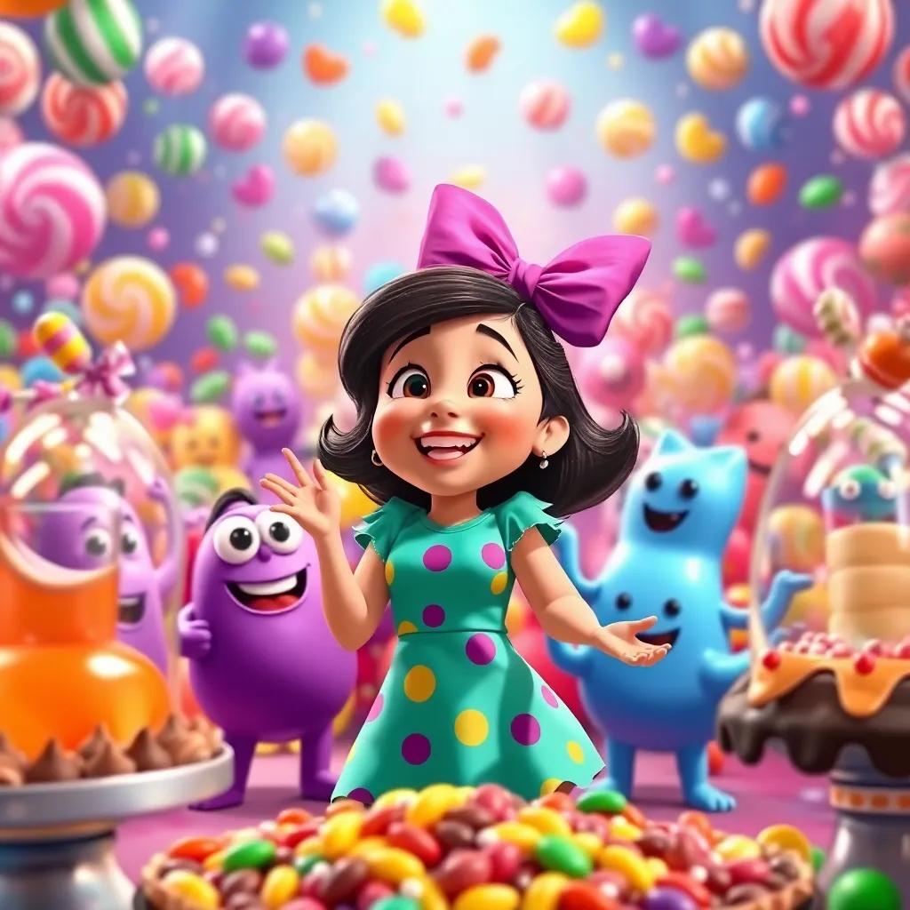 A giant colorful party scene with candies of every flavor dancing and singing, Mia enjoying the party with chocolate fountains and sweets around her, joyful expressions, dynamic celebration, energetic colors, high quality, engaging view