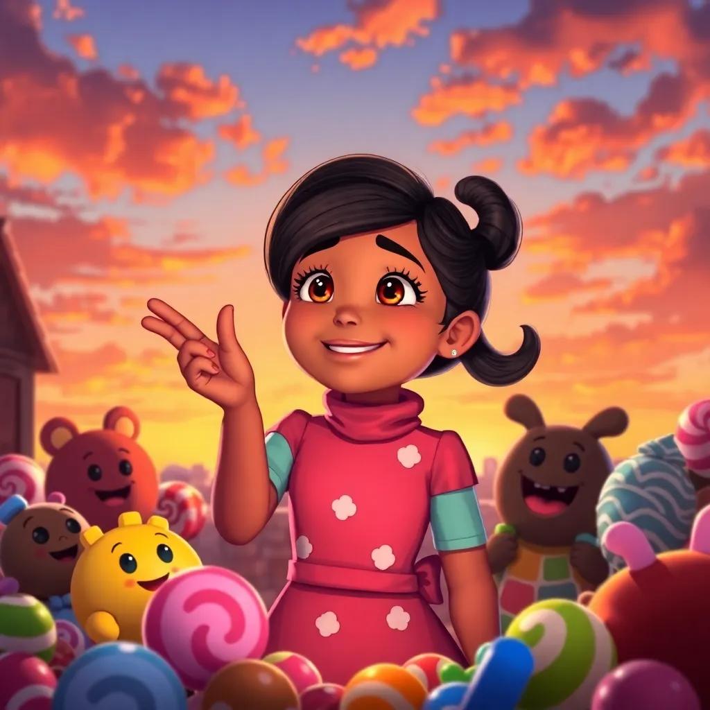 Mia promising to return to the chocolate factory, surrounded by candy friends, sunset sky in the background, a sense of happiness and adventure for the future, rich colors, emotional farewell, digital illustration
