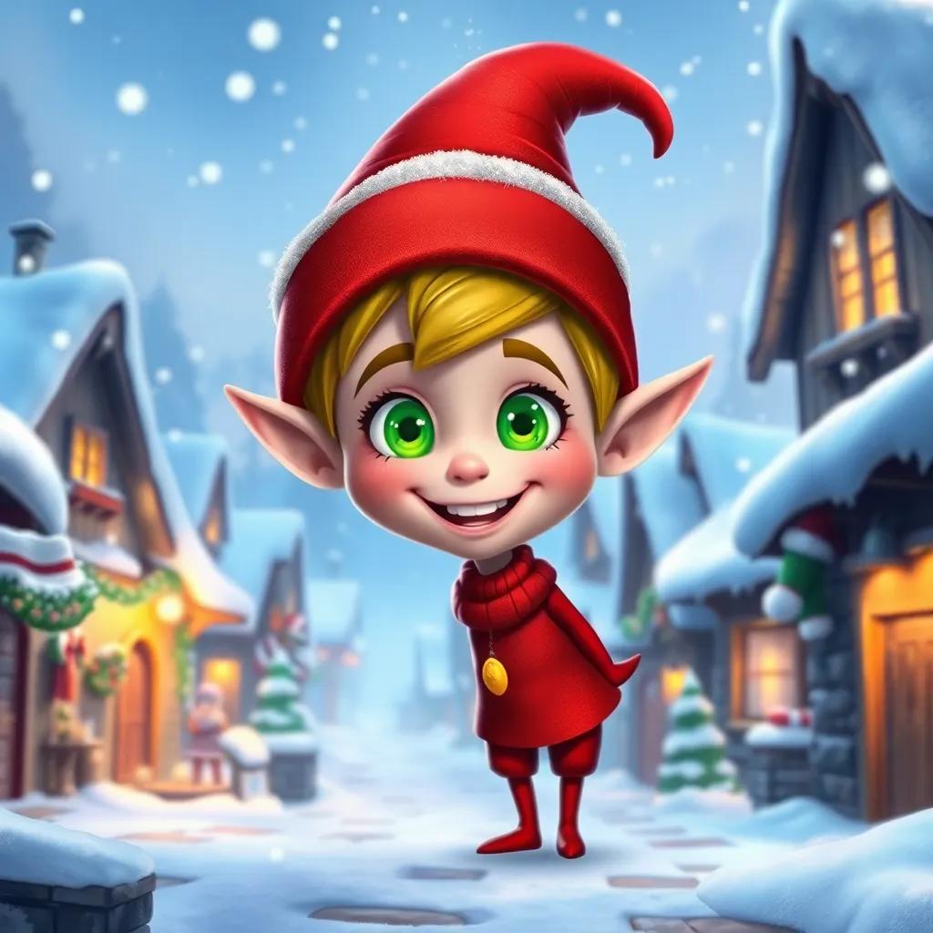 A small elf named Elfy with bright green eyes and a red hat, smiling in a snowy village with snowflakes falling, digital art, cheerful, vibrant colors, inviting atmosphere, high quality