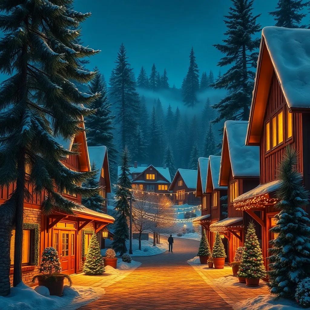 A cozy village scene in Evergreen, with soft glowing windows and pine trees, Christmas lights, decorated trees, digital art, warm colors, inviting atmosphere, peaceful night