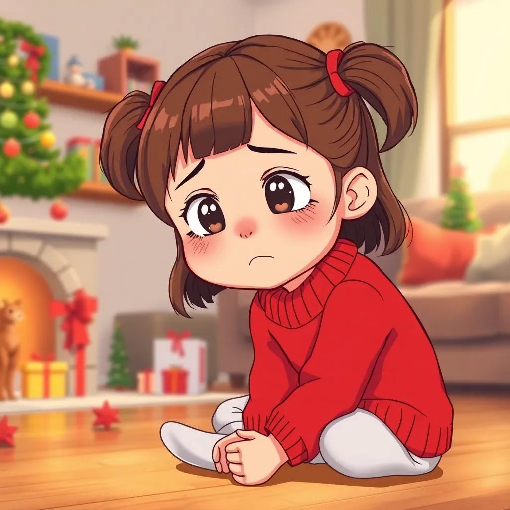 A young girl, Mia, with brown hair in pigtails, wearing a red sweater, looking sad in her living room, sitting on the floor with Christmas decorations around her, illustration, warm light, cheerful yet concerned, child-friendly