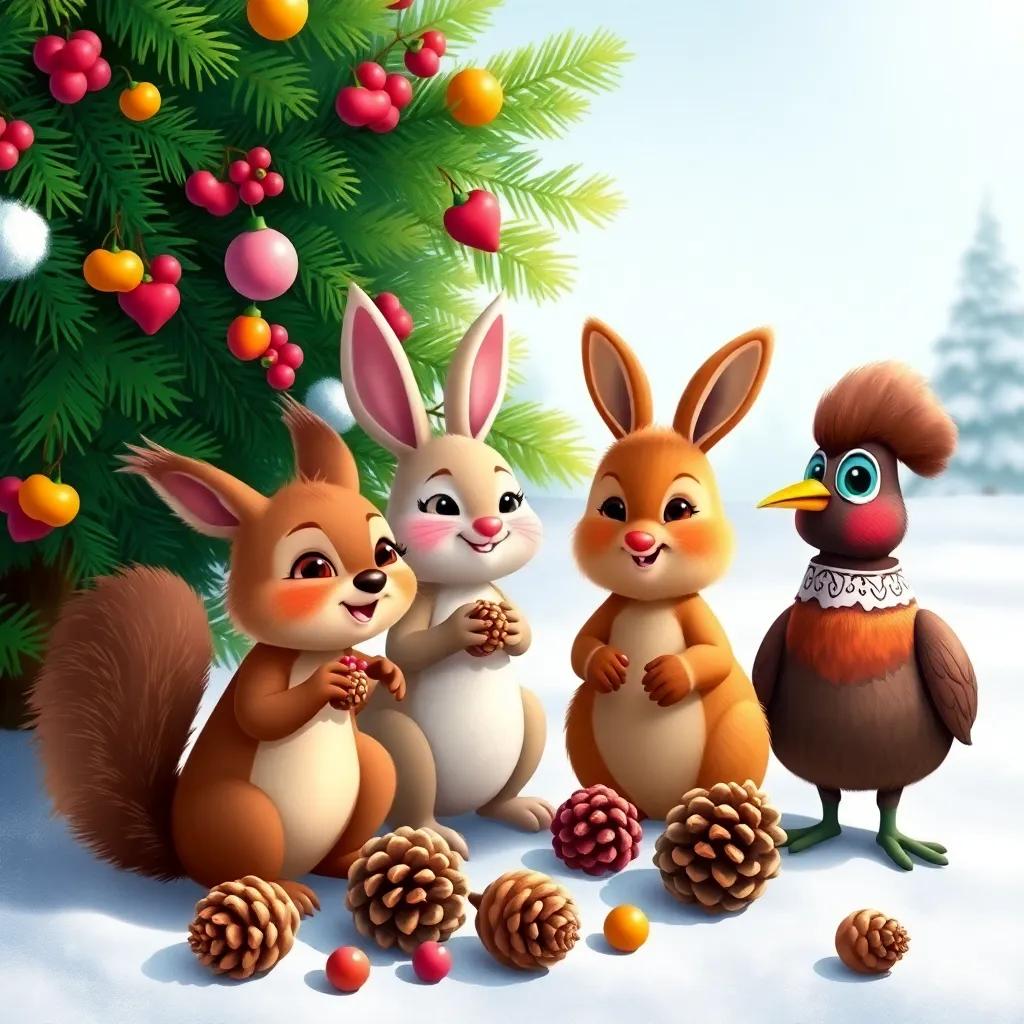 A group of animals like a squirrel, bunny, and partridge collecting berries and pinecones near the Christmas tree, colorful berries in their paws, snowy landscape, cheerful and playful mood, cartoon style