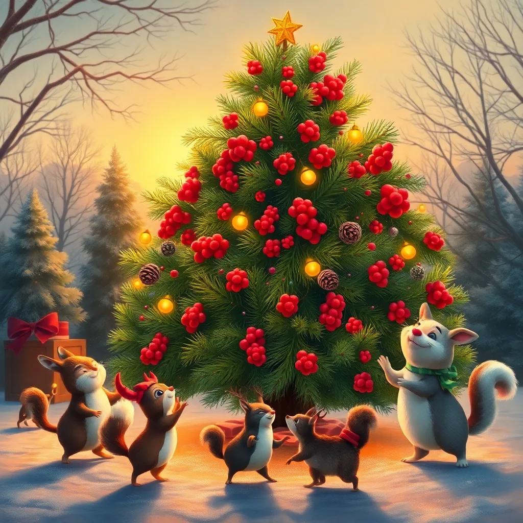A beautifully decorated Christmas tree covered with red berries and pinecones, animals dancing around it in delight, warm light from the setting sun, cozy scene, digital painting