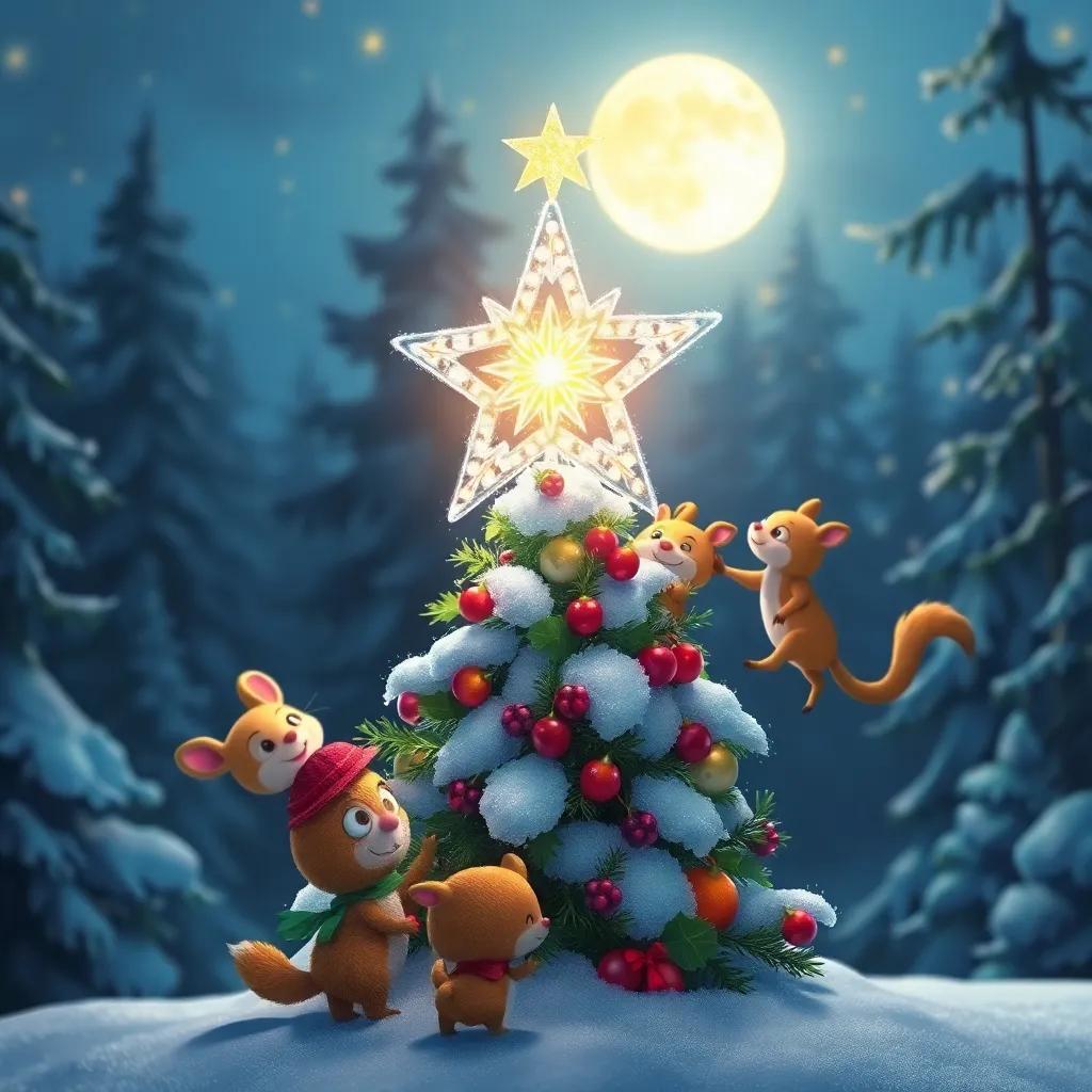 A sparkling star made of snow and berries, being placed on top of the Christmas tree by playful forest animals, bright moonlight illuminating the scene, enchanting atmosphere, child-friendly art