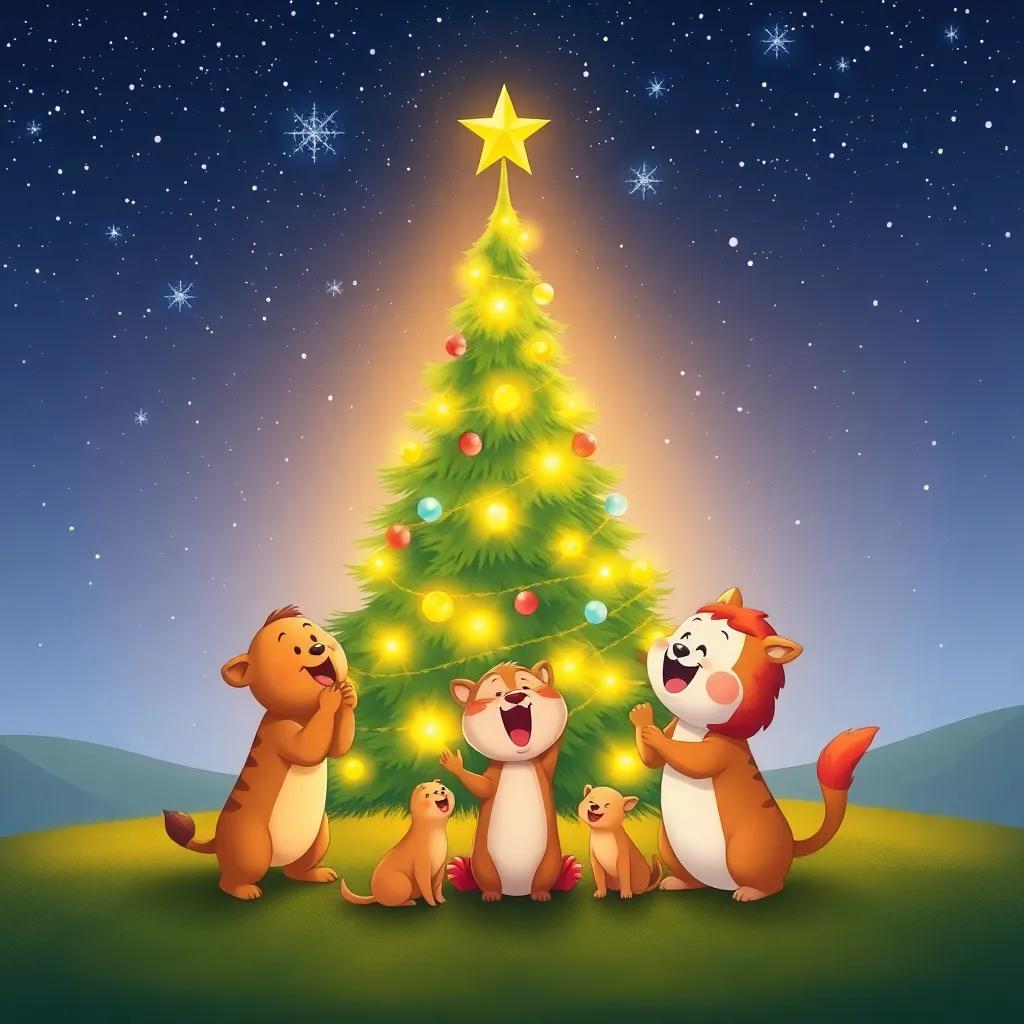 Animals singing joyfully around the lit-up Christmas tree under a starlit sky, warm glow from the tree, festive vibes, happiness and cheer, wholesome illustration