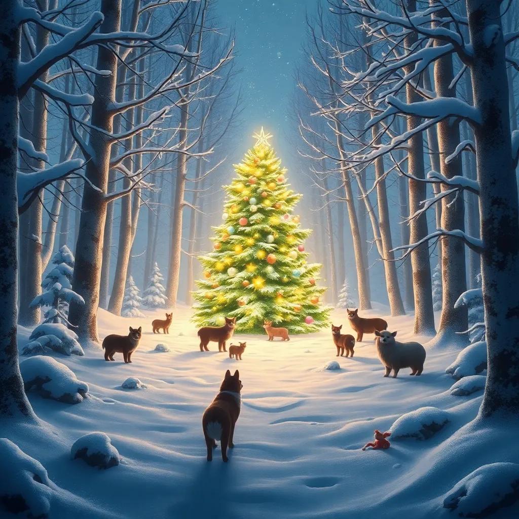 A snowy forest filled with light, showing the beautiful Christmas tree with surrounding animals, joy and celebration in the air, peaceful winter scene, detailed digital art