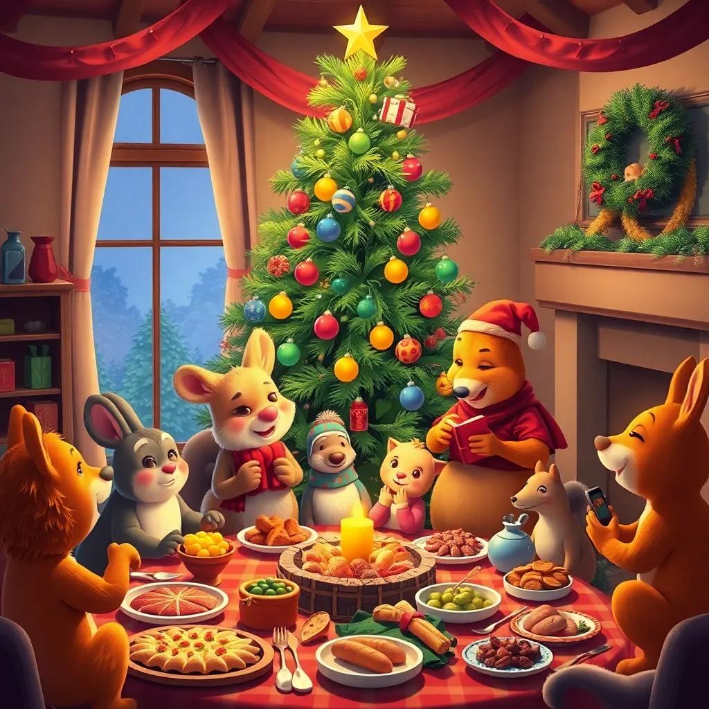 Animals exchanging gifts and sharing stories under the decorated Christmas tree, festive feast layout with food around, joyful gathering scene, colorful and exciting view