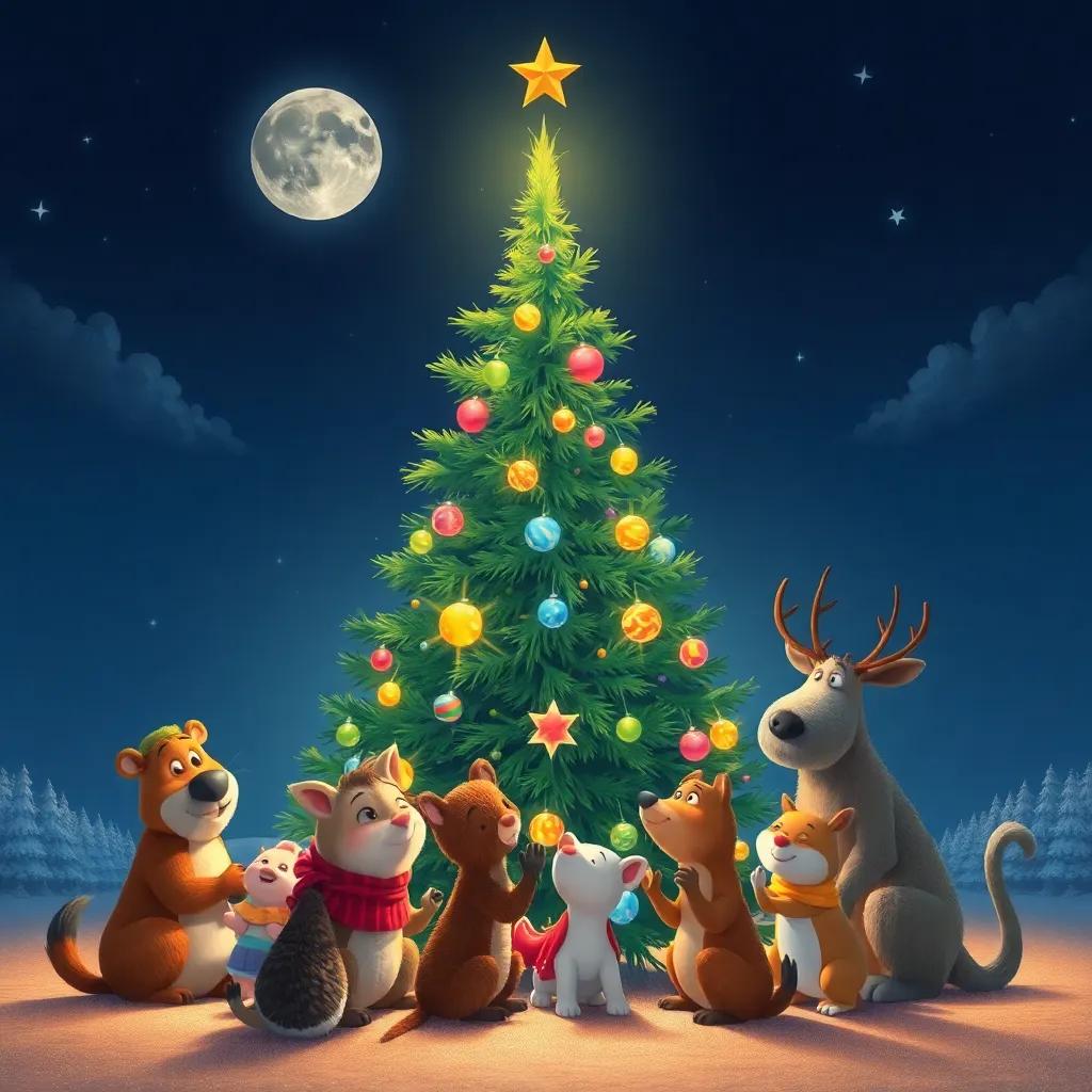 The Christmas tree beautifully glowing under the moonlight, surrounded by animals celebrating together, warmth and friendship emanating from the scene, heartwarming art