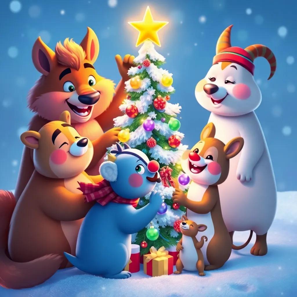 Animals decorating their snowy Christmas tree together, glowing with joy and laughter, showcasing the spirit of teamwork and friendship, bright and colorful illustration