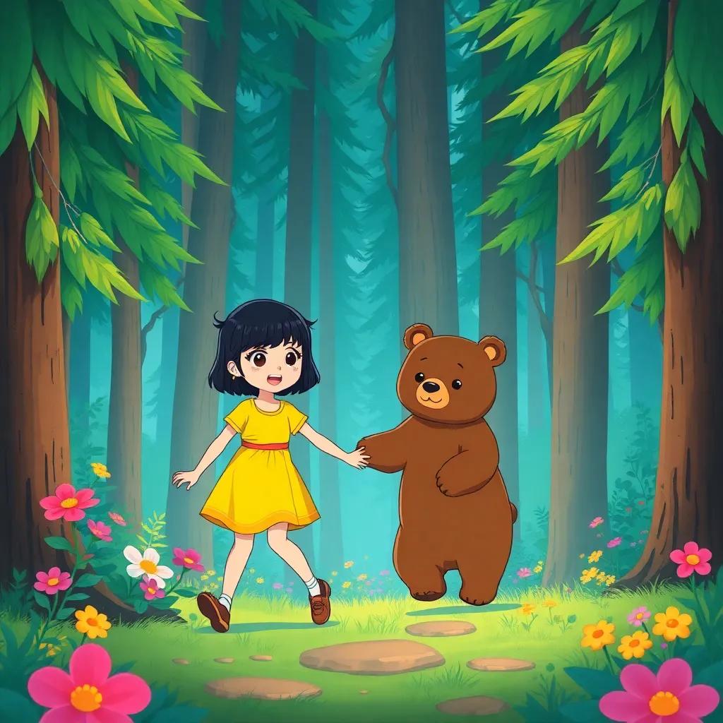 A brave girl named Mia, with short black hair, wearing a bright yellow dress, holding hands with a small brown bear named Leo, stepping into a lush forest with tall green trees and colorful flowers, illustration, cheerful, inviting, child-friendly