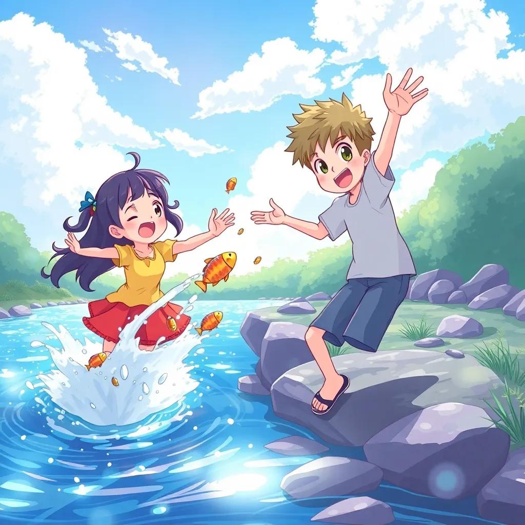 Mia and Leo, next to a sparkling river, Mia excitedly trying to catch shiny fish with a splash, Leo playfully reaching out, with bright blue sky and fluffy white clouds above, illustration, lively, joyful, playful