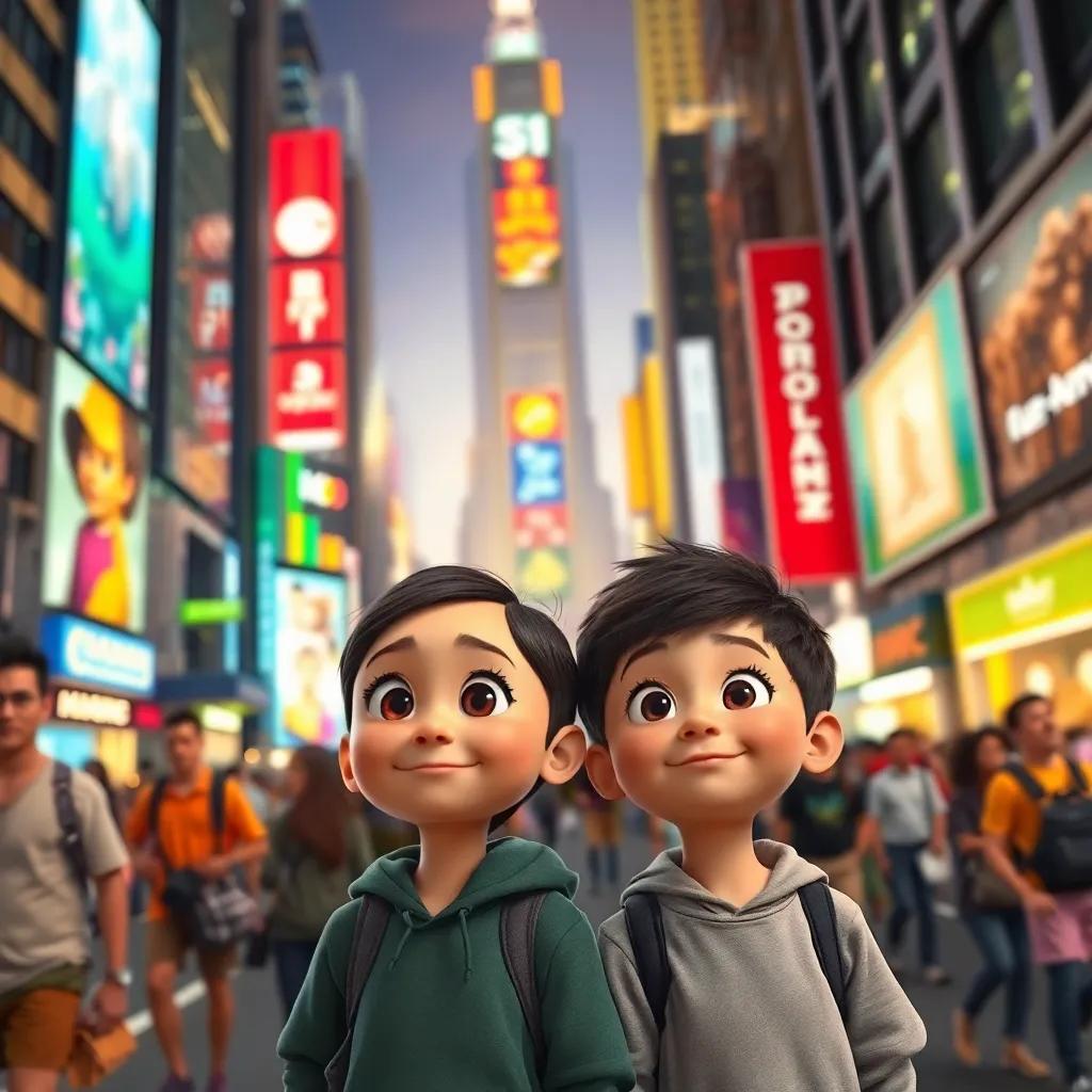 A bustling city scene with people rushing by, bright lights and towering buildings, two children, Mia and Max, in the foreground with curious expressions, vibrant colors, lively atmosphere, detailed digital art, high quality