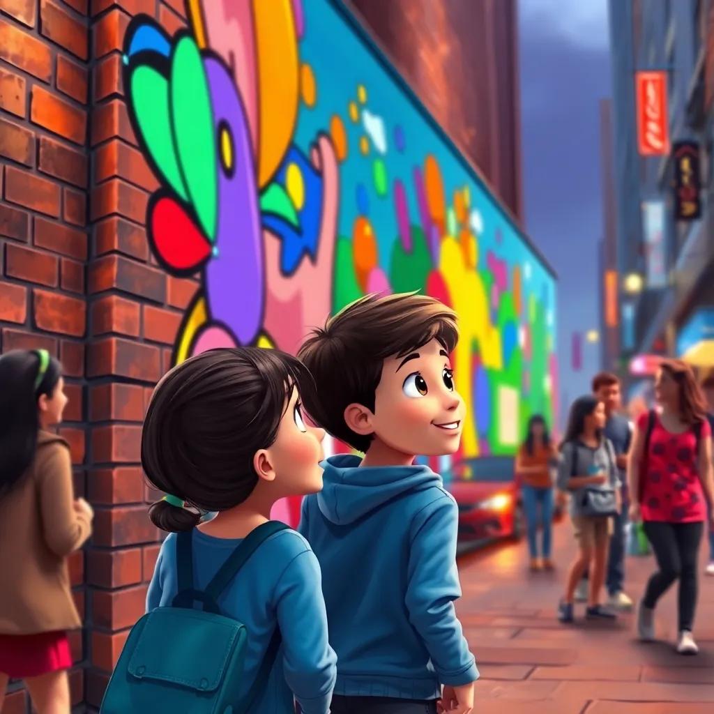 Two children, Mia and Max, looking at a colorful mural on a brick wall, their faces filled with wonder, surrounded by a busy street and pedestrians rushing past, realistic illustration, cheerful, inviting feeling, warm light