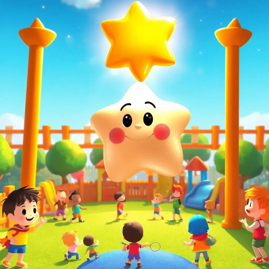 A bright shining star, Sammy, looking down at a playground filled with children playing, digital art, colorful, cheerful atmosphere, high-quality