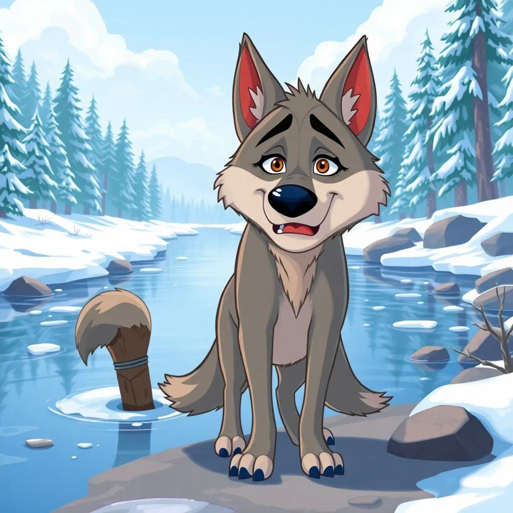 A hungry wolf with a frustrated expression, standing near a frozen river with his tail stuck in the ice, surrounded by beautiful forest scenery, cartoon style, bright colors, humorous mood, high quality